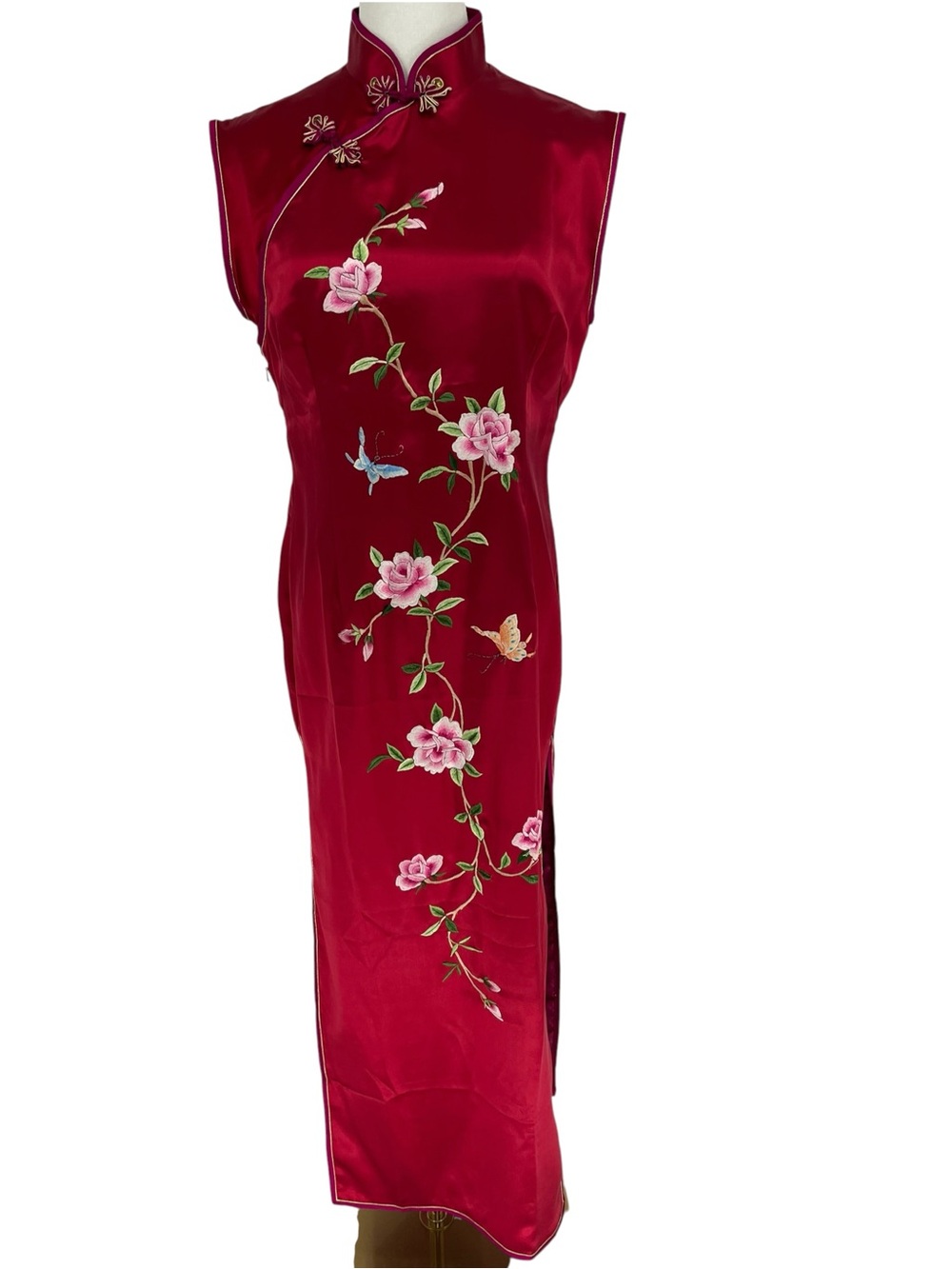NWT Vintage 2000s Xue Lang Silk Qipao Cheongsam Dress Red Embroidered Sz L